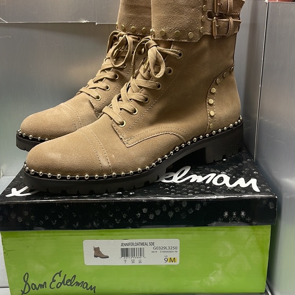 BNIB Sam Edelman Jennifer Studded Combat Suede Boots Tan 9M - Picture 1 of 13